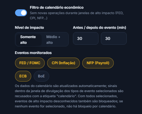 Filtro de calendário econômico: chave ligada, nível de impacto, minutos antes e depois da notícia, tipos de evento