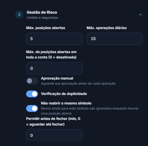 Gestão de Risco avançada: máx. posições abertas, teto em toda a conta, aprovação manual, verificação de duplicidade, bloqueio do mesmo símbolo e espera mínima