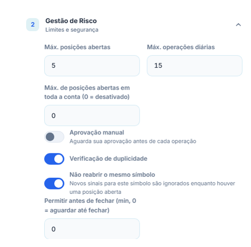 Gestão de Risco avançada: máx. posições abertas, teto em toda a conta, aprovação manual, verificação de duplicidade, bloqueio do mesmo símbolo e espera mínima
