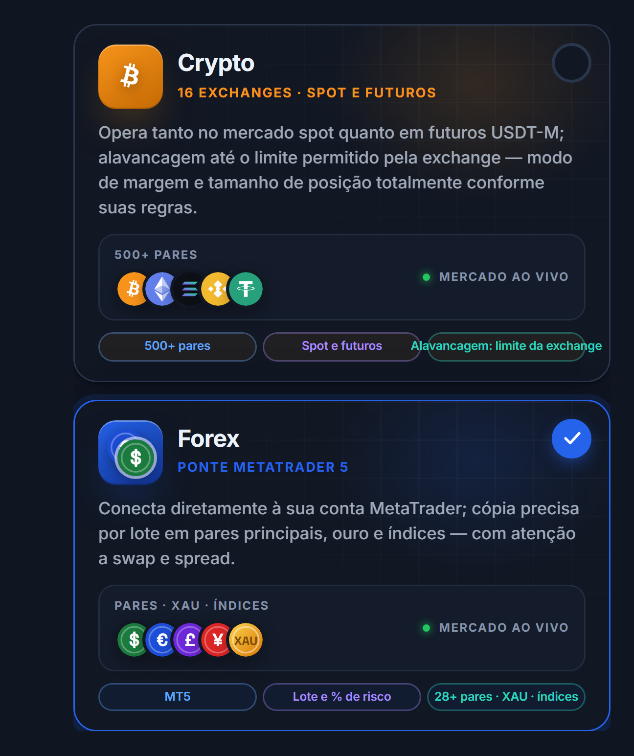 Seleção do mercado: cartões Crypto e Forex, com o cartão Forex selecionado