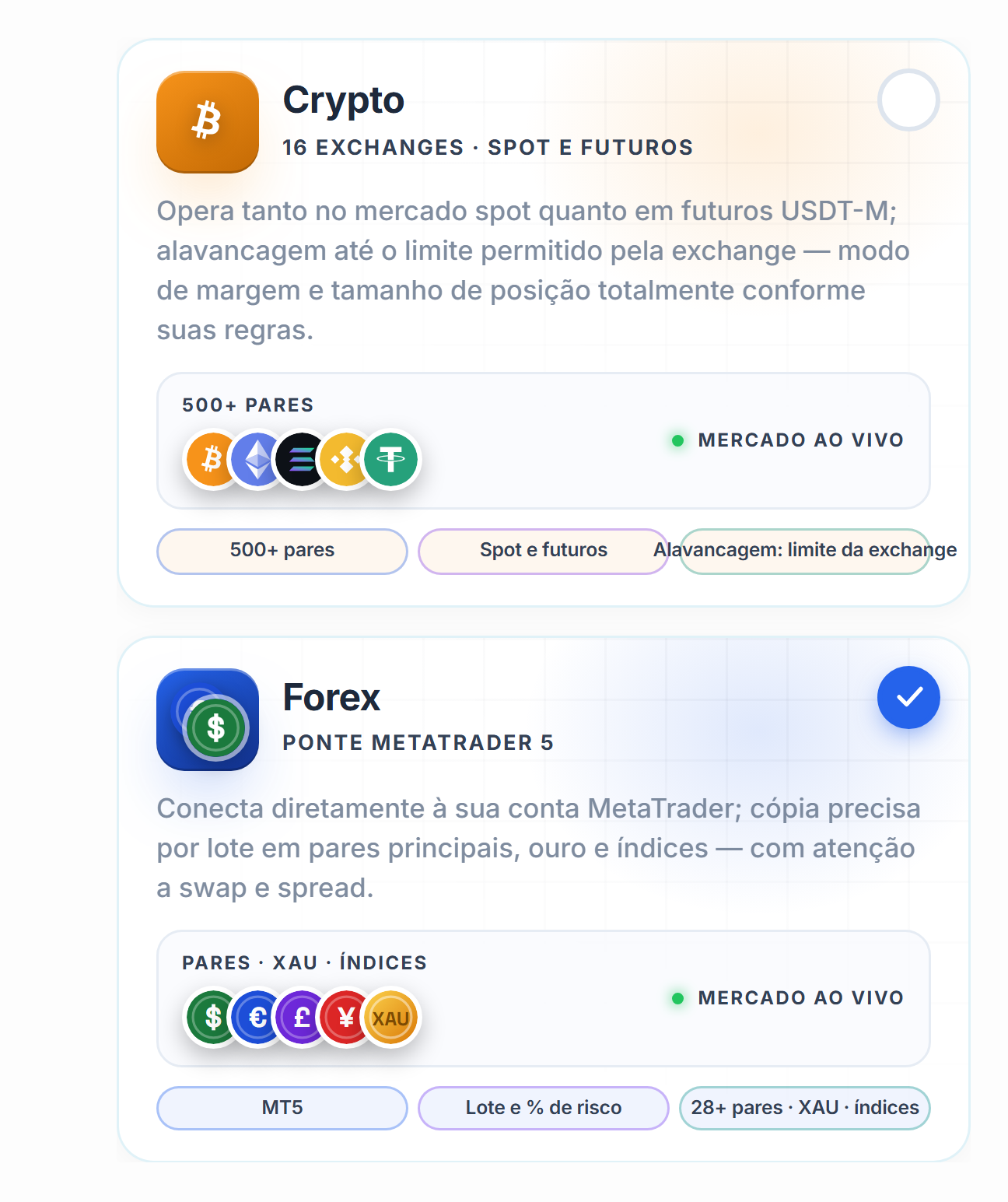 Seleção do mercado: cartões Crypto e Forex, com o cartão Forex selecionado
