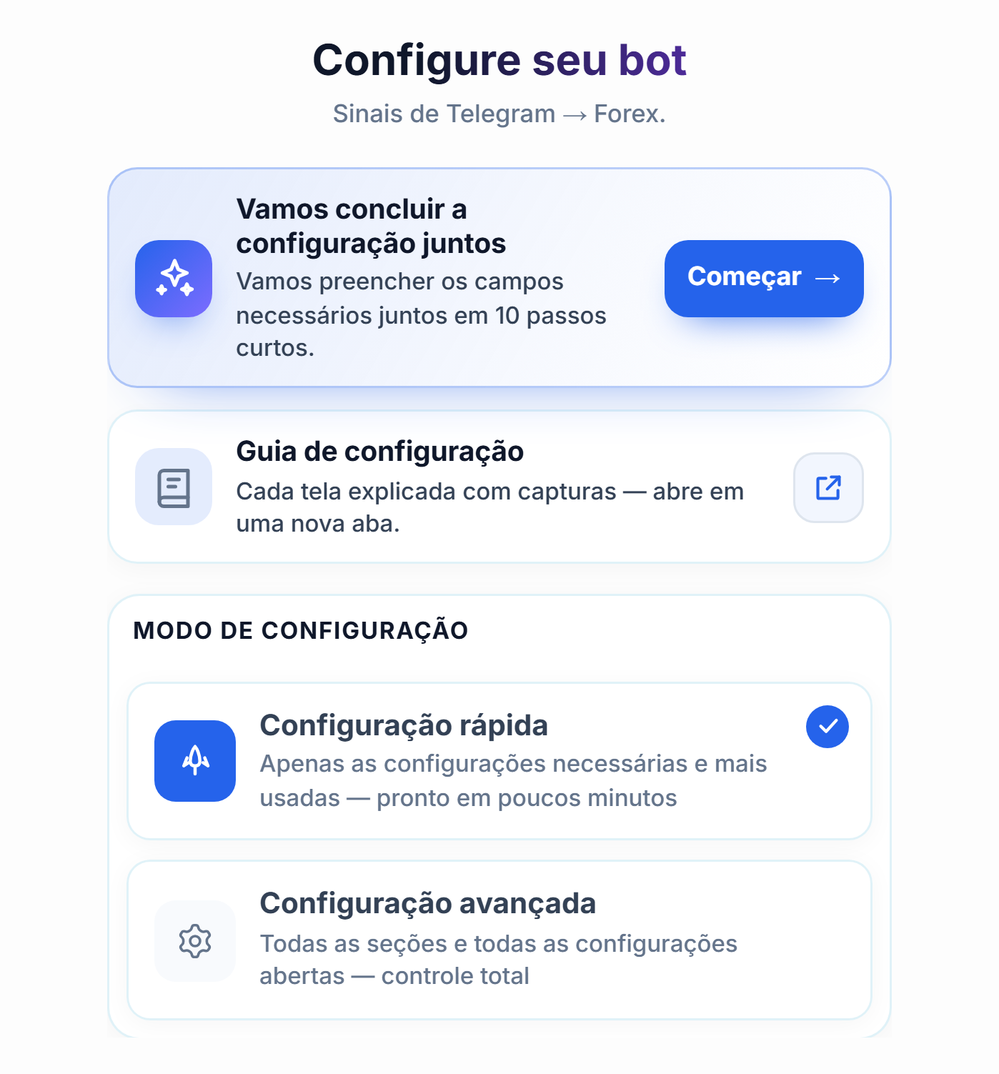 Parte superior da tela Configurar seu bot: botão Começar do guia de configuração, cartões de Configuração rápida e Configuração avançada