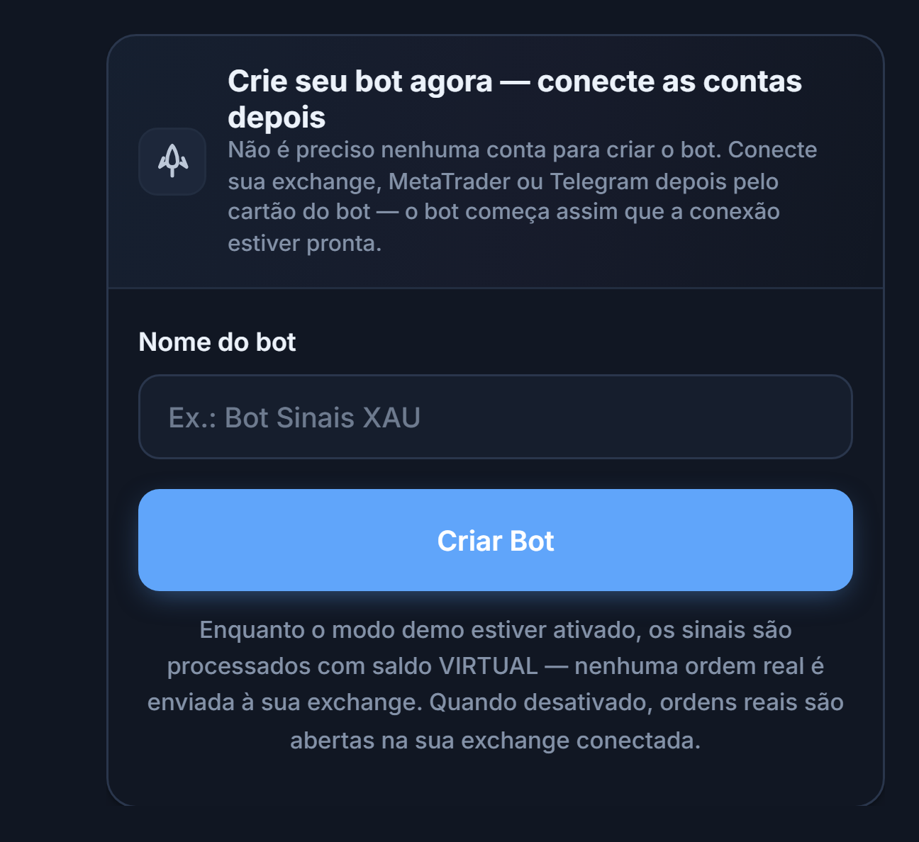 Painel Crie seu bot agora: campo Nome do bot e botão Criar Bot
