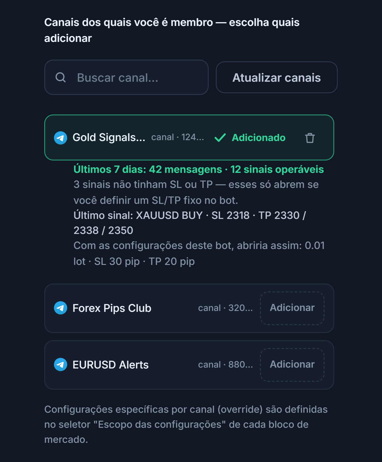 Seção Canais de Sinal depois de conectada: caixa de busca de canal, botão Atualizar canais, canais com o botão Adicionar, marca Adicionado em um canal já adicionado e, abaixo, a verificação de 7 dias do canal
