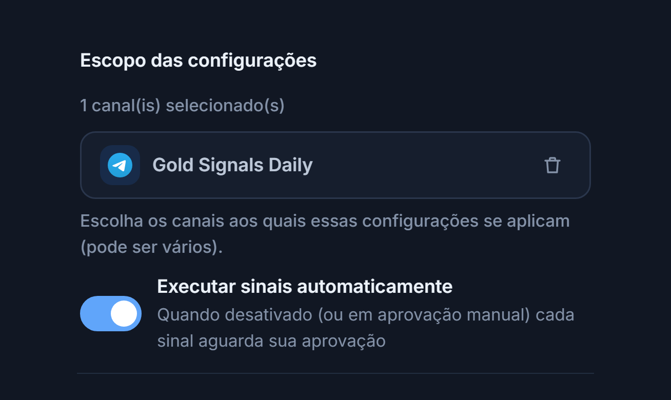 Seção Escopo das configurações depois de adicionar um canal: contador de 1 canal selecionado, chip do canal selecionado com marca verde e botão de remover no chip