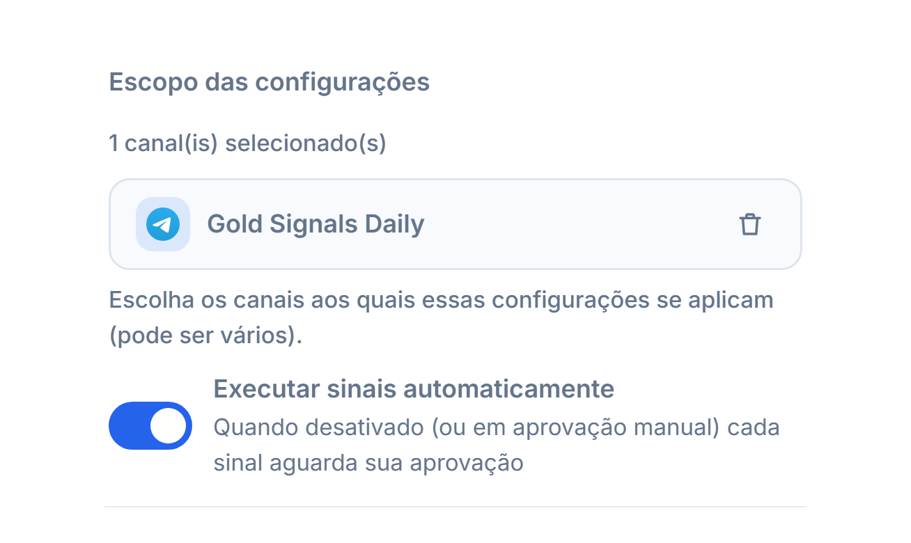 Seção Escopo das configurações depois de adicionar um canal: contador de 1 canal selecionado, chip do canal selecionado com marca verde e botão de remover no chip