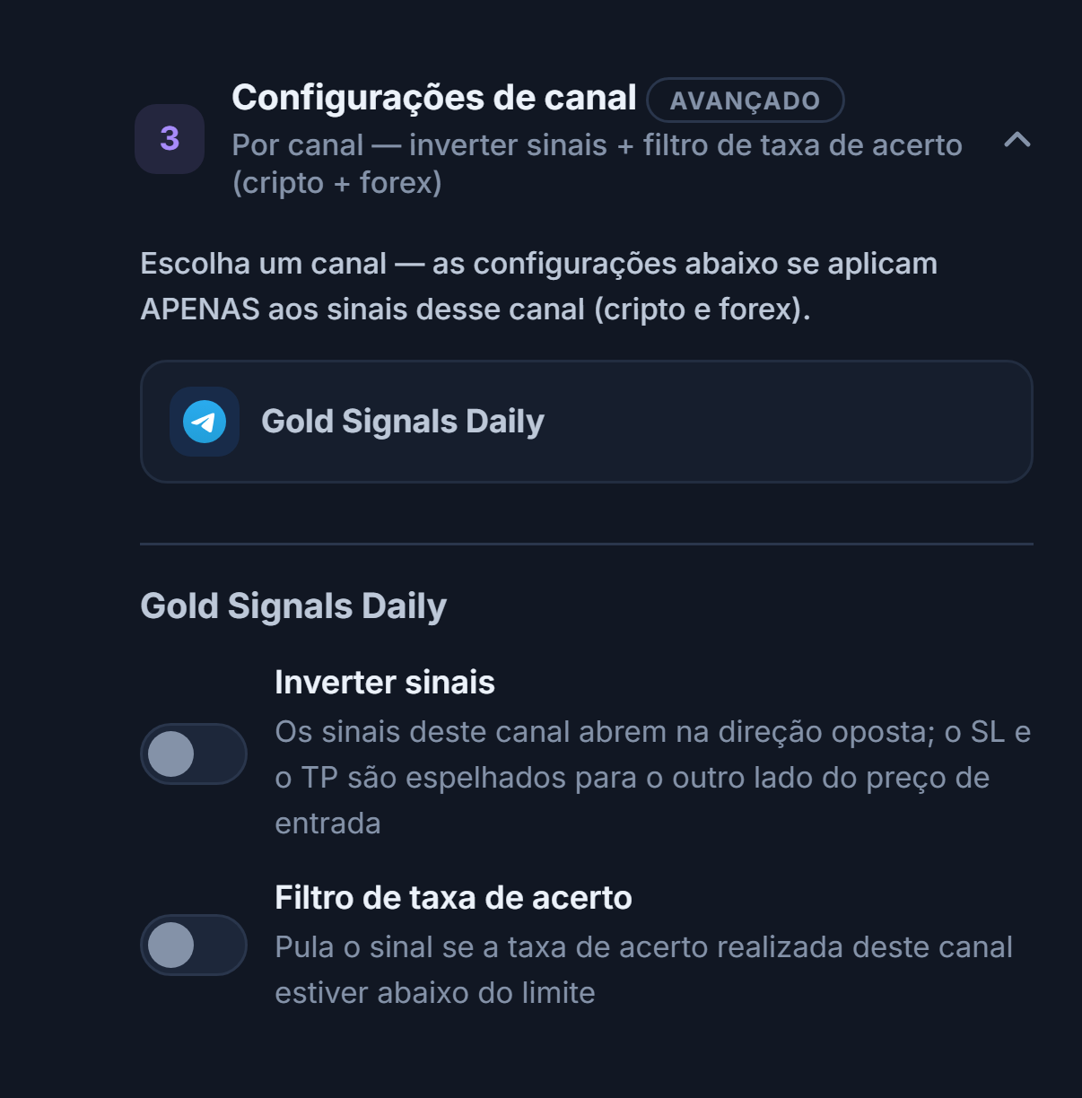 Acordeão Configurações de canal: linha do canal selecionado com moldura e, abaixo, as chaves Inverter sinais e Filtro de taxa de acerto