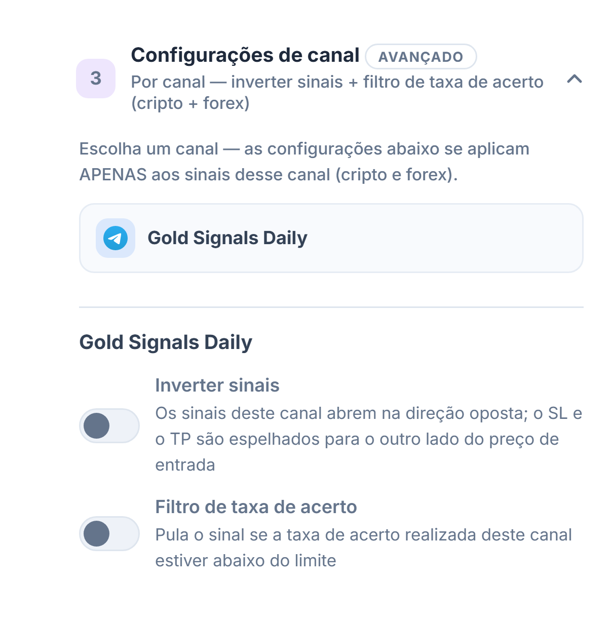 Acordeão Configurações de canal: linha do canal selecionado com moldura e, abaixo, as chaves Inverter sinais e Filtro de taxa de acerto