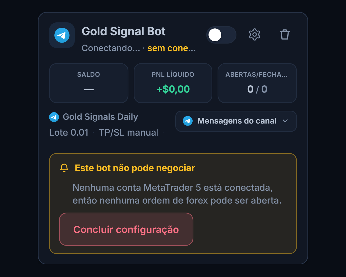 Cartão de bot de forex recém-criado no painel Meus bots: nome e fonte do bot, lista Este bot não pode negociar e botão Concluir configuração