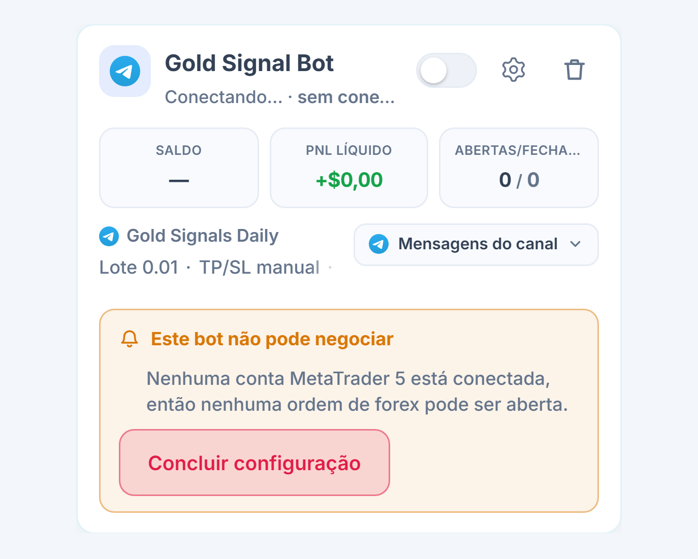 Cartão de bot de forex recém-criado no painel Meus bots: nome e fonte do bot, lista Este bot não pode negociar e botão Concluir configuração