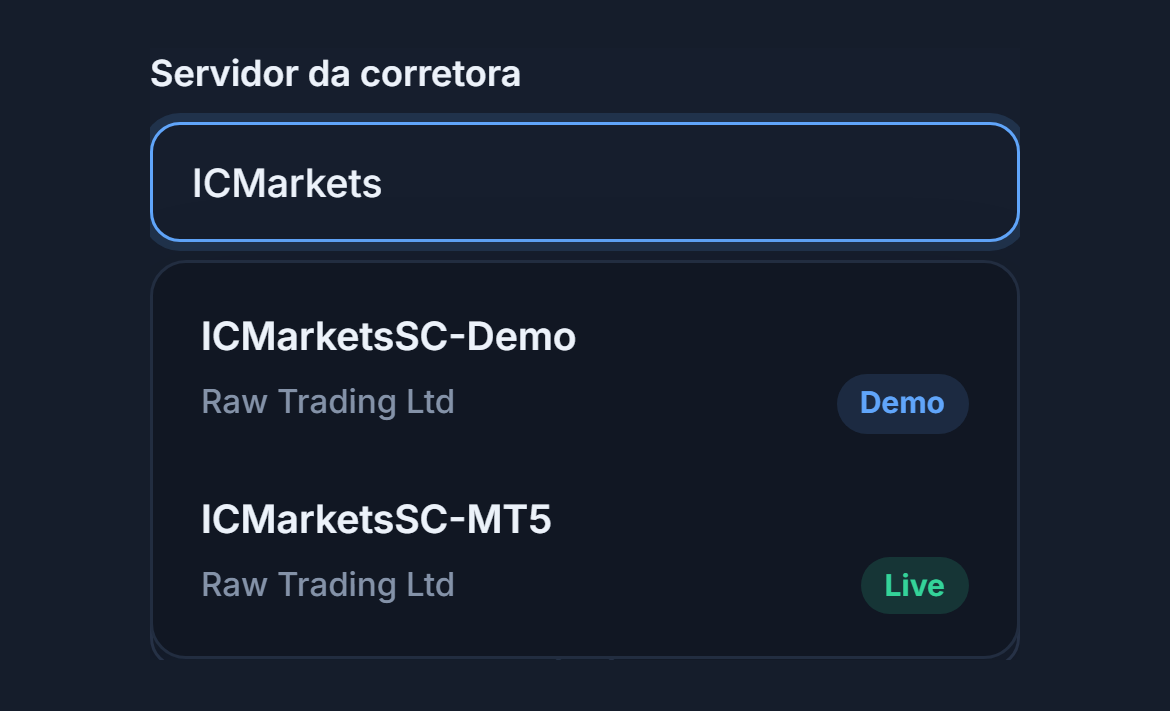 Campo Servidor da corretora com ICMarkets digitado e, abaixo, dois servidores com selos Demo e Live