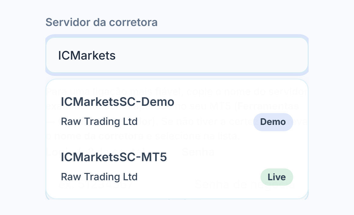 Campo Servidor da corretora com ICMarkets digitado e, abaixo, dois servidores com selos Demo e Live