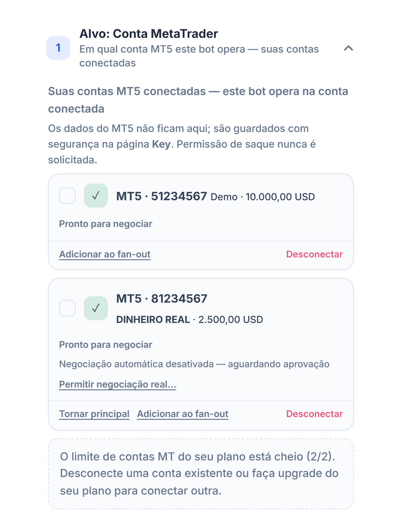 Contas MT5 conectadas: um cartão de conta demo e um de conta real; na conta real, a nota Negociação automática desativada — aguardando aprovação e o botão Permitir negociação real…