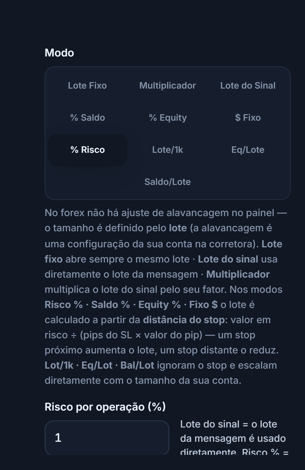 Modo Lote / Risco: % Risco selecionado e o campo Risco por operação (%)