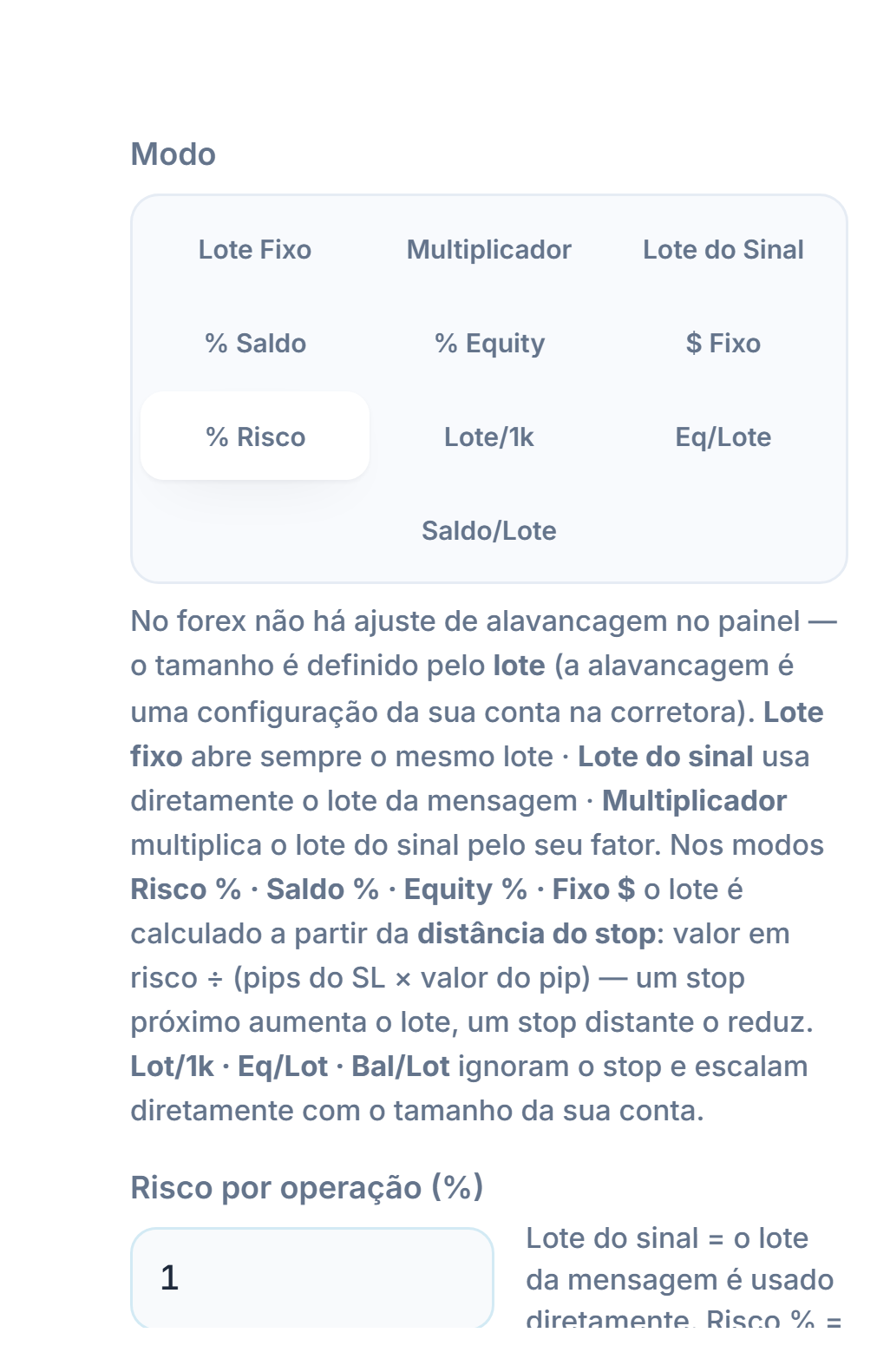 Modo Lote / Risco: % Risco selecionado e o campo Risco por operação (%)