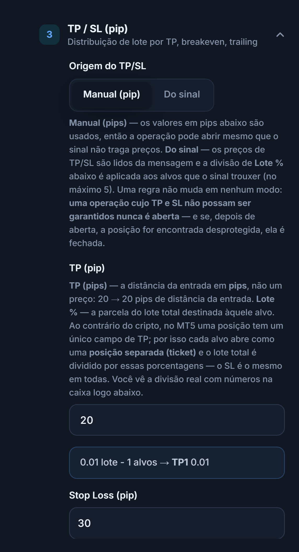 Seção TP / SL (pip): Origem do TP/SL com Manual (pip) selecionado, TP (pip) 20 e Stop Loss (pip) 30