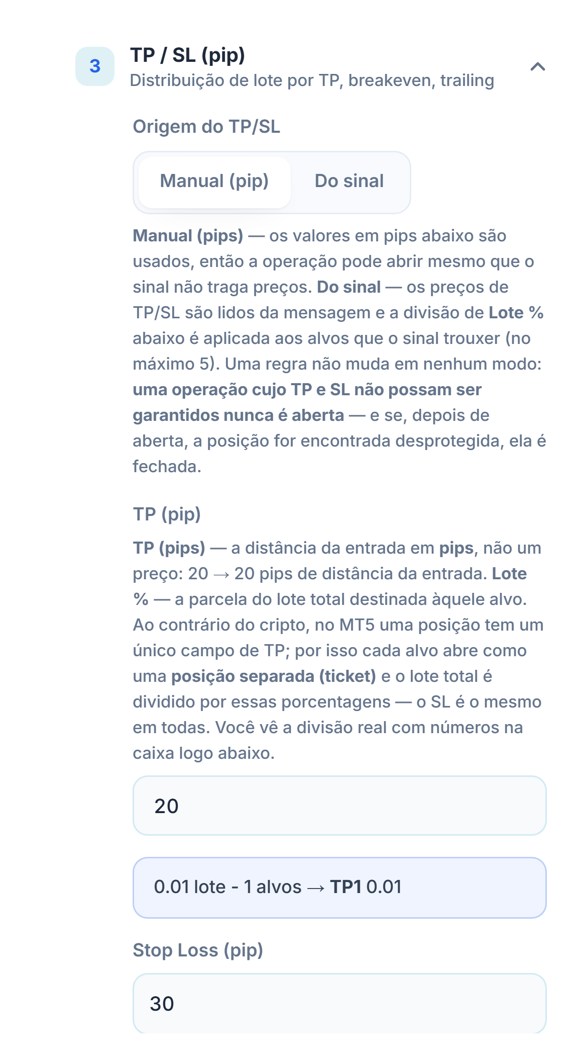 Seção TP / SL (pip): Origem do TP/SL com Manual (pip) selecionado, TP (pip) 20 e Stop Loss (pip) 30