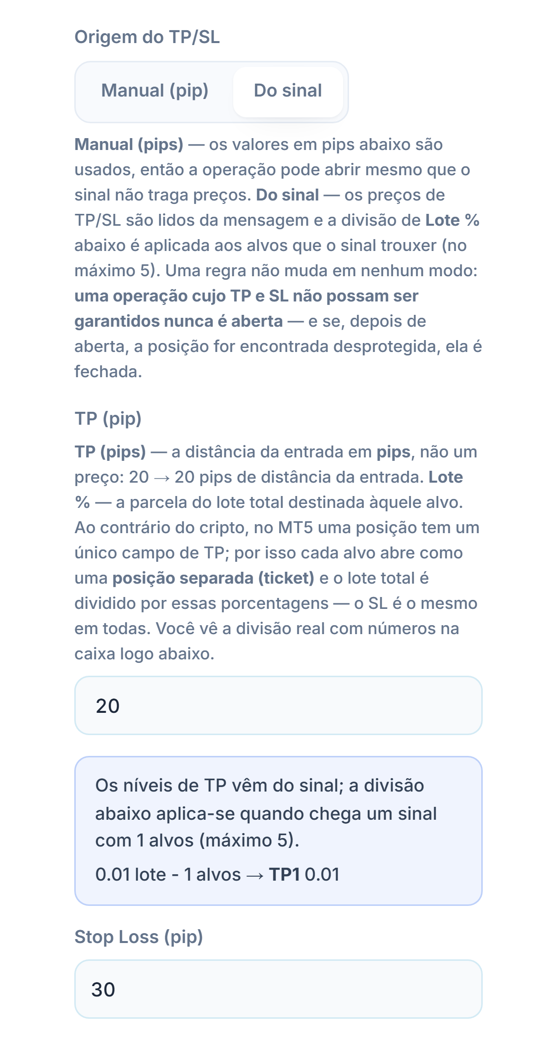 TP / SL (pip): Origem do TP/SL com Do sinal selecionado
