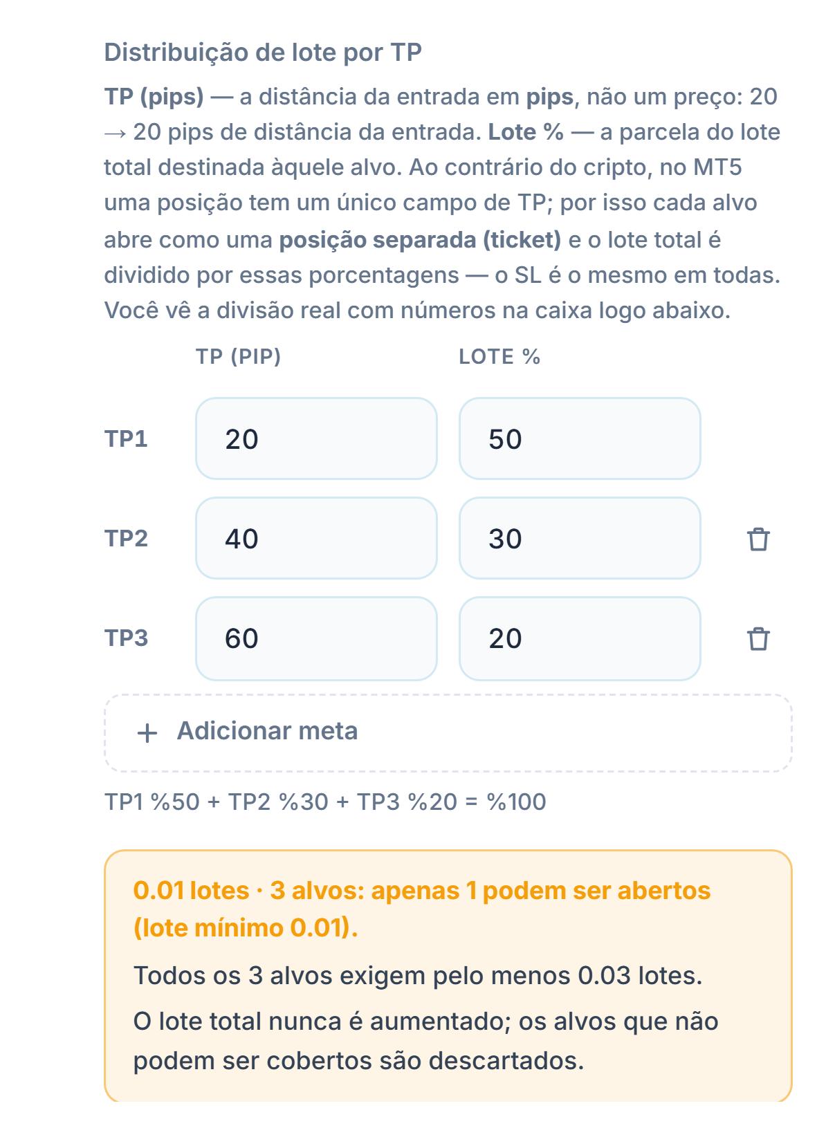 Aviso laranja: 0.01 lote com 3 alvos, apenas 1 alvo pode ser aberto; para os 3 alvos são necessários pelo menos 0.03 lote
