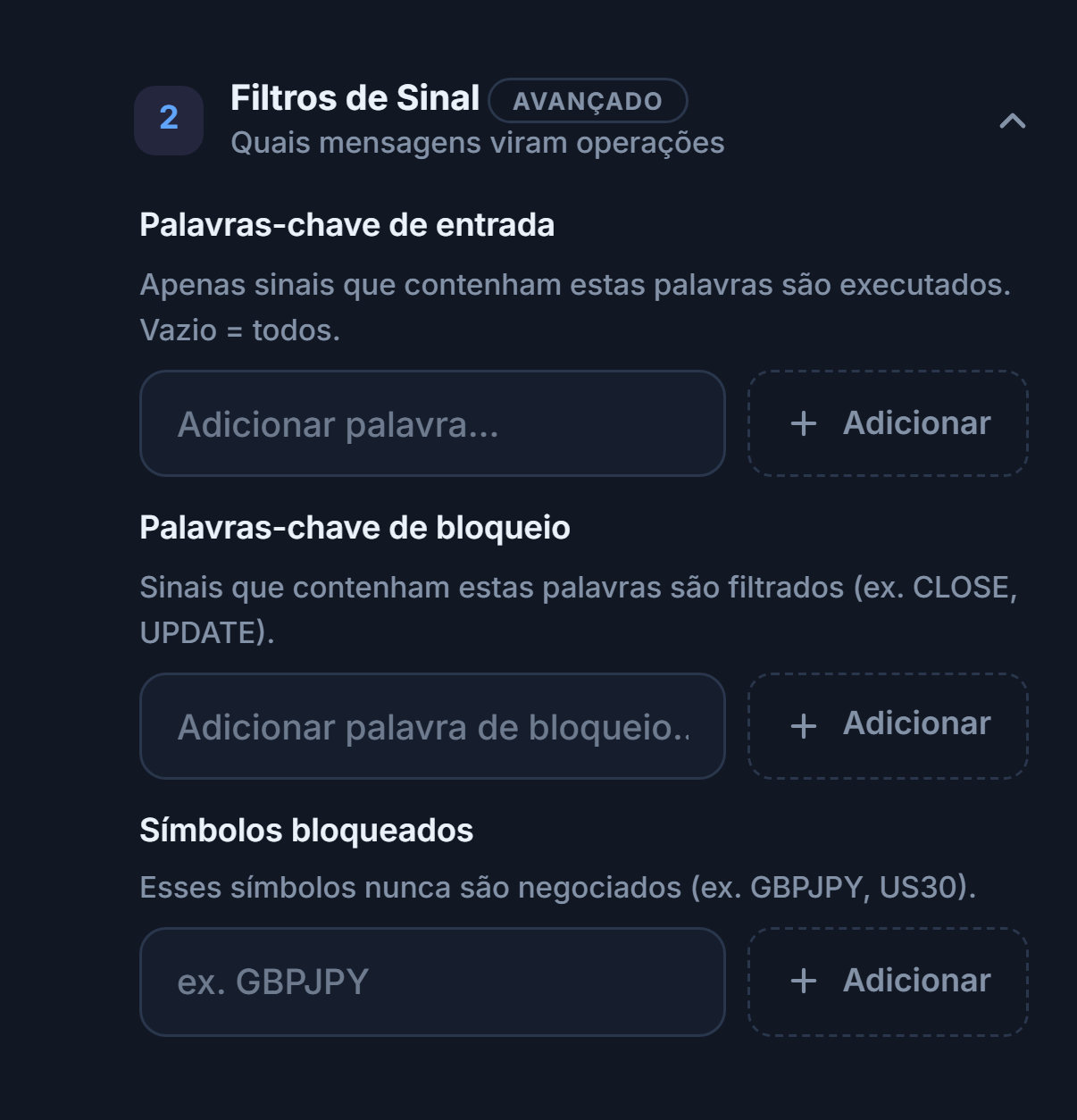 Filtros de Sinal: campos Palavras-chave de entrada, Palavras-chave de bloqueio e Símbolos bloqueados