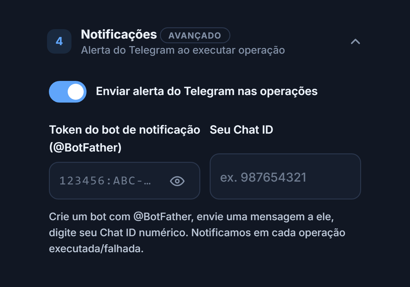 Notificações: chave de alerta do Telegram ligada, campos de token do bot e Chat ID