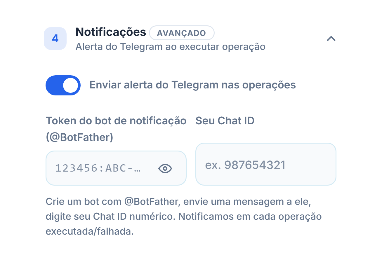 Notificações: chave de alerta do Telegram ligada, campos de token do bot e Chat ID