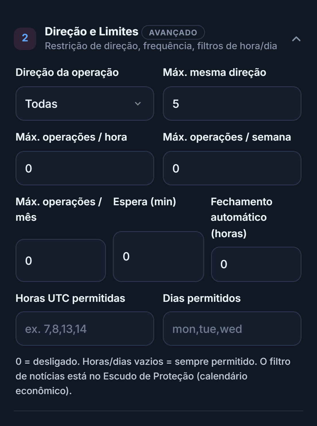 Direção e Limites: Direção da operação, Máx. mesma direção, limites de operações por hora, semana e mês, espera, fechamento automático, horários e dias permitidos