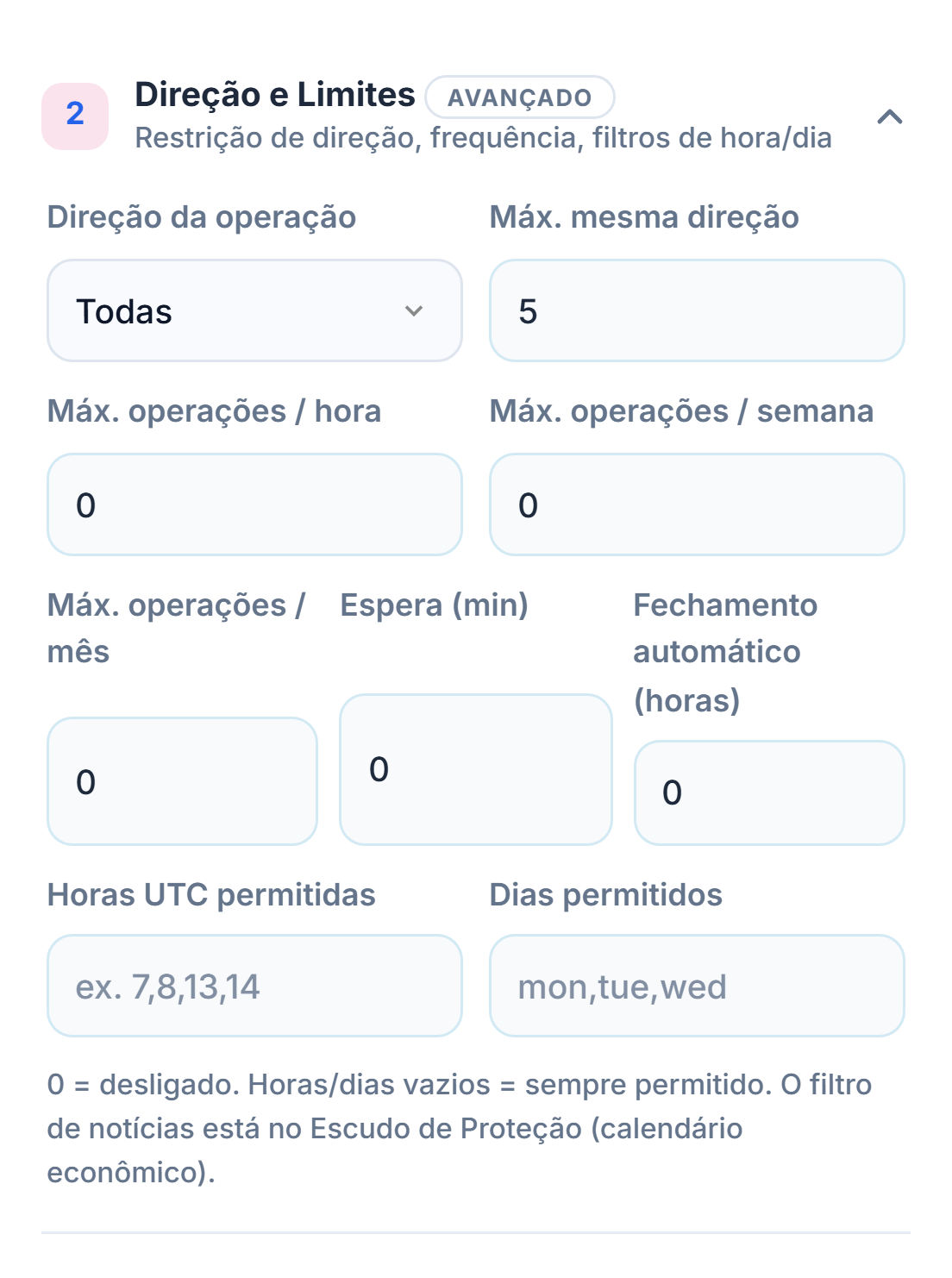 Direção e Limites: Direção da operação, Máx. mesma direção, limites de operações por hora, semana e mês, espera, fechamento automático, horários e dias permitidos