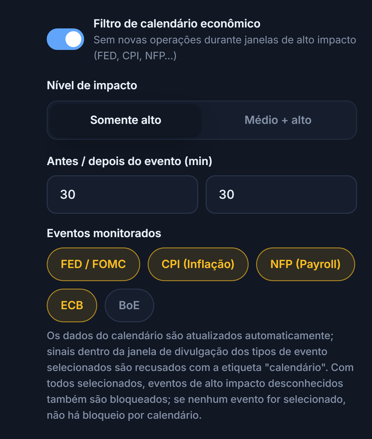 Filtro de calendário econômico: chave ligada, nível de impacto, minutos antes e depois da notícia, tipos de evento