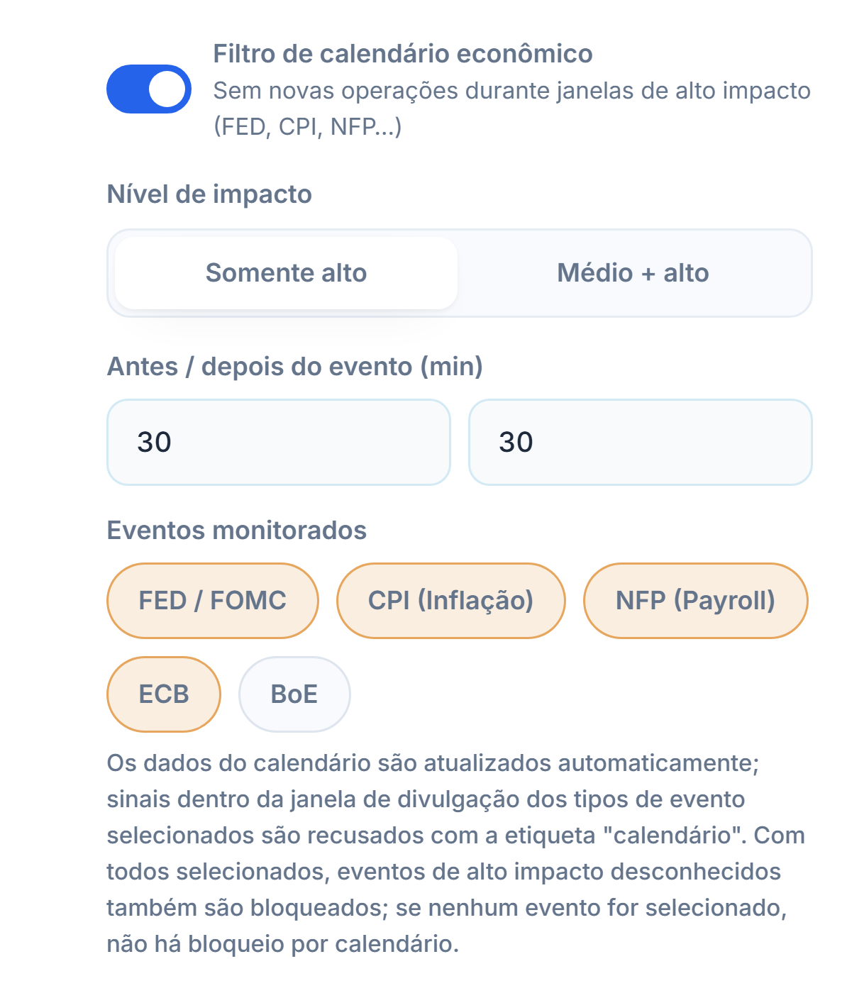 Filtro de calendário econômico: chave ligada, nível de impacto, minutos antes e depois da notícia, tipos de evento