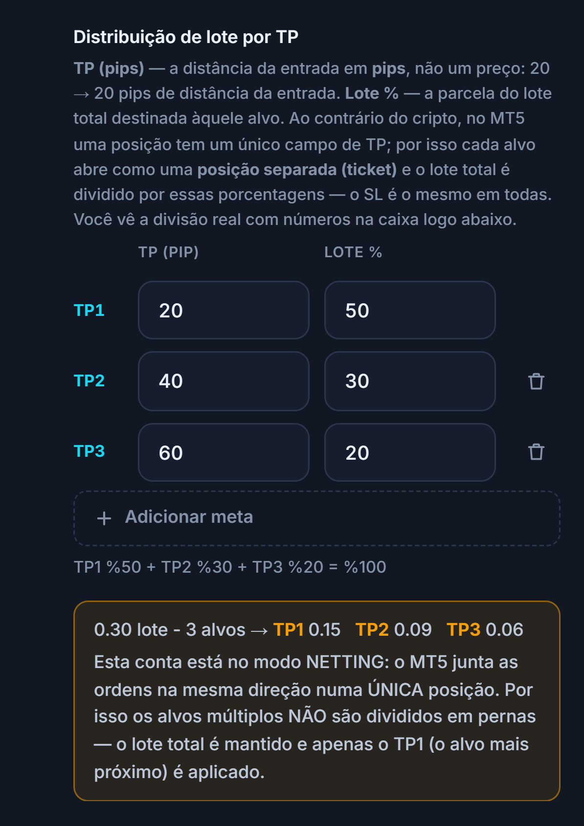 Nota de conta NETTING: o alvo múltiplo não é dividido em posições, o lote total é mantido e apenas o TP1 é aplicado