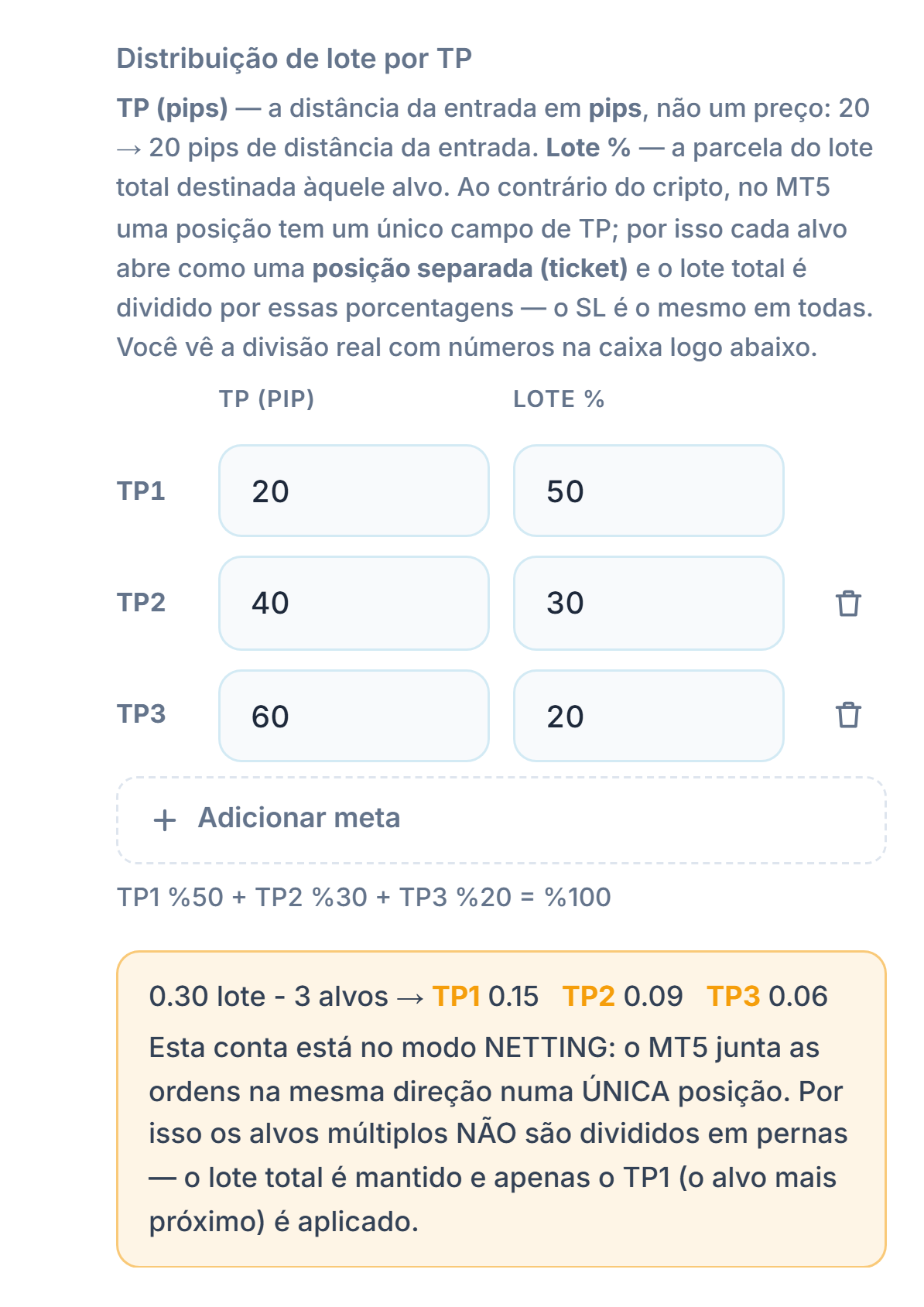 Nota de conta NETTING: o alvo múltiplo não é dividido em posições, o lote total é mantido e apenas o TP1 é aplicado