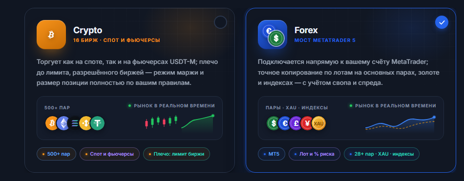 Выбор рынка: карточки Crypto и Форекс, карточка Форекс выбрана