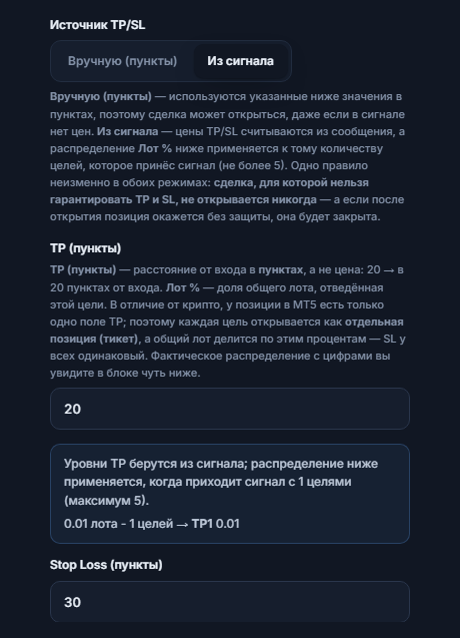 TP / SL (пункты): выбран «Источник TP/SL» — «Из сигнала»