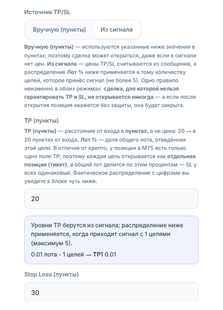 TP / SL (пункты): выбран «Источник TP/SL» — «Из сигнала»