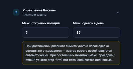 Управление Риском: «Макс. открытых позиций» 5 и «Макс. сделок в день» 15