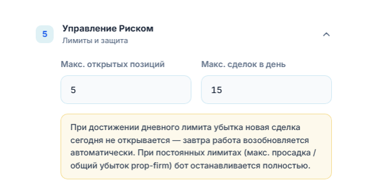 Управление Риском: «Макс. открытых позиций» 5 и «Макс. сделок в день» 15