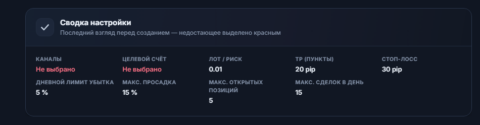 Сводка настройки: поля «Канал» и «Целевой счёт» красным «Не выбрано», значения лота, TP, Stop Loss, дневного убытка и лимитов