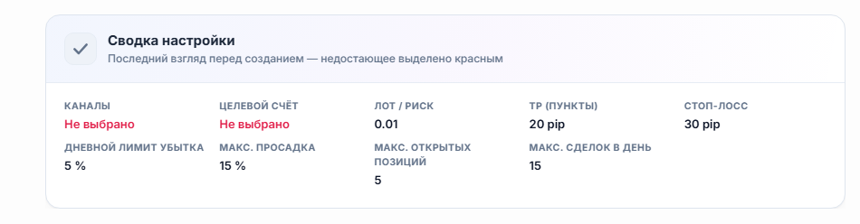 Сводка настройки: поля «Канал» и «Целевой счёт» красным «Не выбрано», значения лота, TP, Stop Loss, дневного убытка и лимитов
