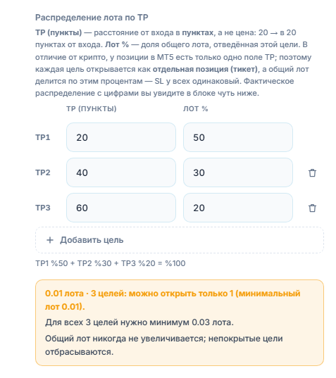 Оранжевое предупреждение: 0.01 лота на 3 цели, можно открыть только 1 цель; для всех 3 целей нужно не менее 0.03 лота