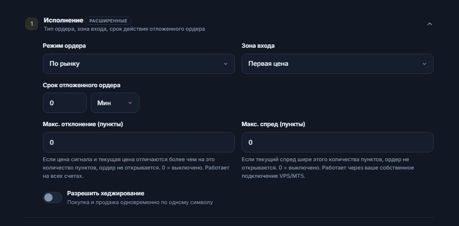 Раздел «Исполнение»: «Режим ордера», «Зона входа», «Срок отложенного ордера», «Макс. отклонение (пункты)», «Макс. спред (пункты)» и переключатель «Разрешить хеджирование»