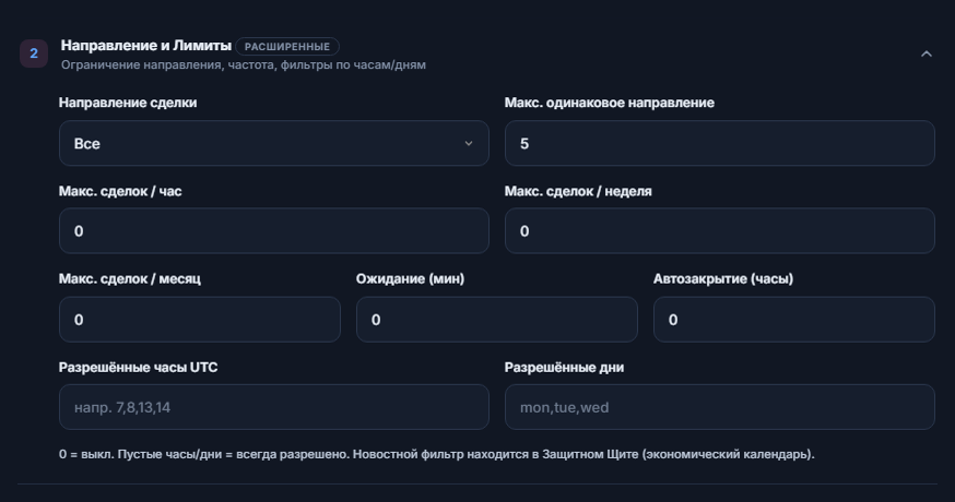 Направление и лимиты: «Направление сделки», «Макс. одинаковое направление», часовой, недельный и месячный лимиты сделок, ожидание, автозакрытие, разрешённые часы и дни