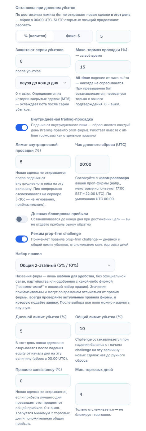 Защитный Щит, расширенный: остановка по дневному убытку, защита от серии убытков, макс. просадка, внутридневная trailing-просадка, дневная блокировка прибыли, режим prop-firm challenge и набор правил