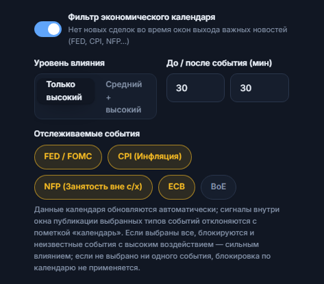Фильтр экономического календаря: включённый переключатель, уровень влияния, минуты до и после новости, типы событий
