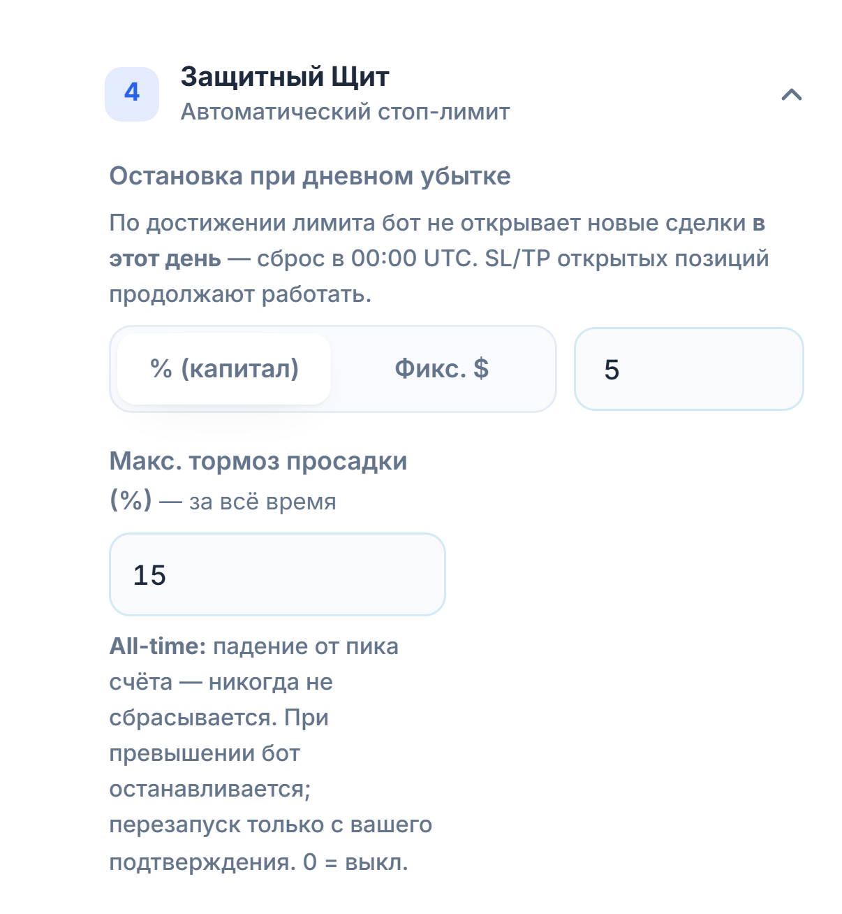 Защитный Щит: «Остановка по дневному убытку» 5 процентов и «Макс. тормоз просадки (%)» 15 процентов