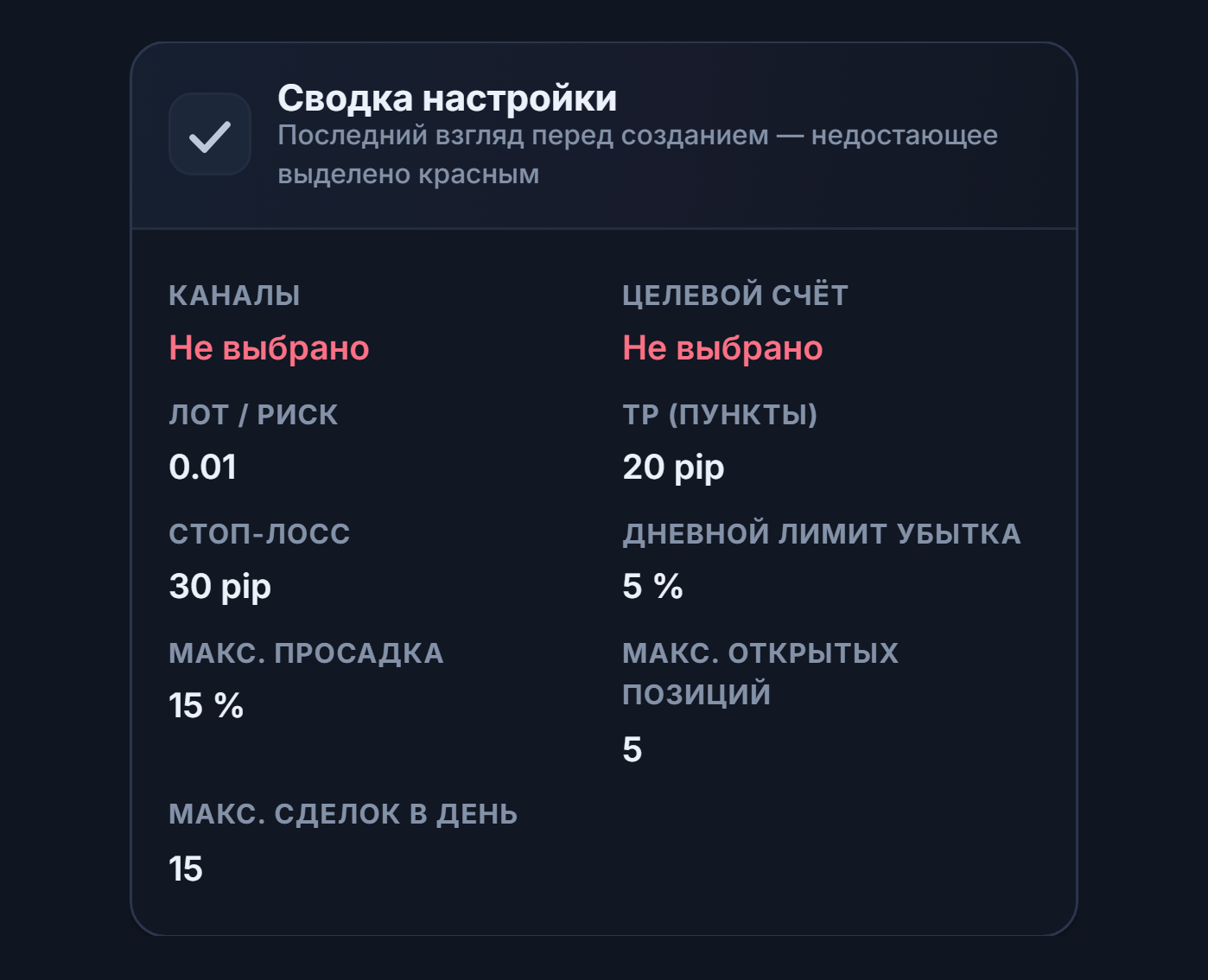 Сводка настройки: поля «Канал» и «Целевой счёт» красным «Не выбрано», значения лота, TP, Stop Loss, дневного убытка и лимитов