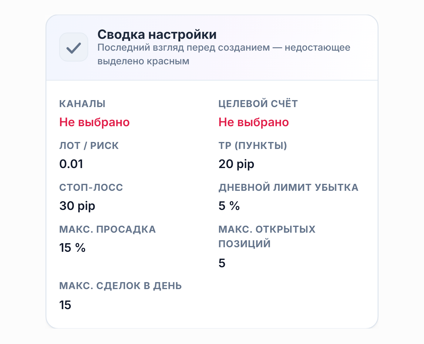 Сводка настройки: поля «Канал» и «Целевой счёт» красным «Не выбрано», значения лота, TP, Stop Loss, дневного убытка и лимитов