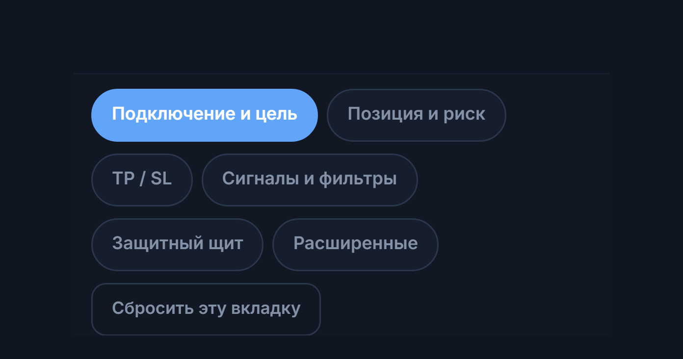 Вкладки расширенной настройки: Подключение, Позиция, TP и SL, Сигнал, Защита, Расширенные и сброс к значениям по умолчанию