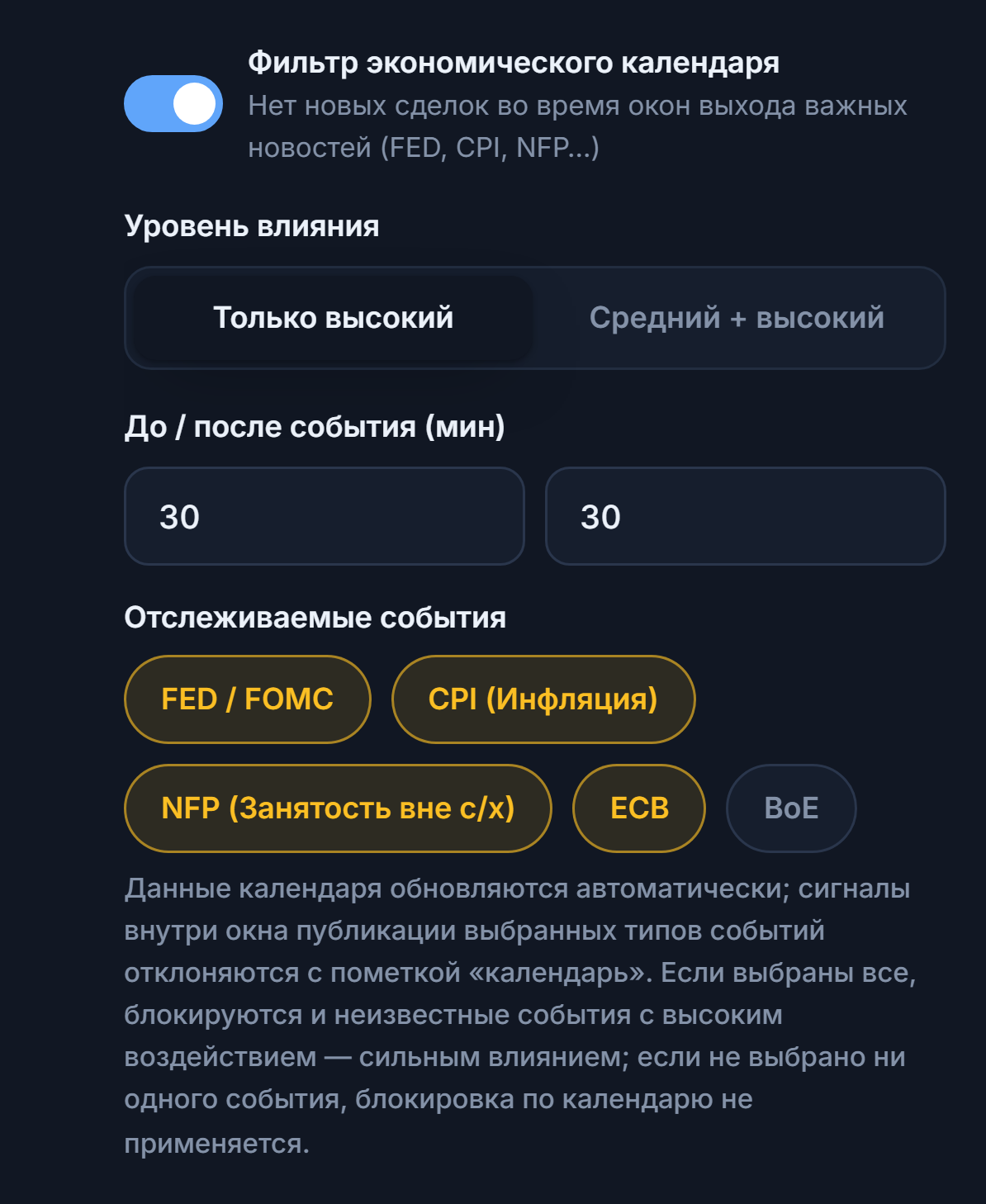 Фильтр экономического календаря: включённый переключатель, уровень влияния, минуты до и после новости, типы событий