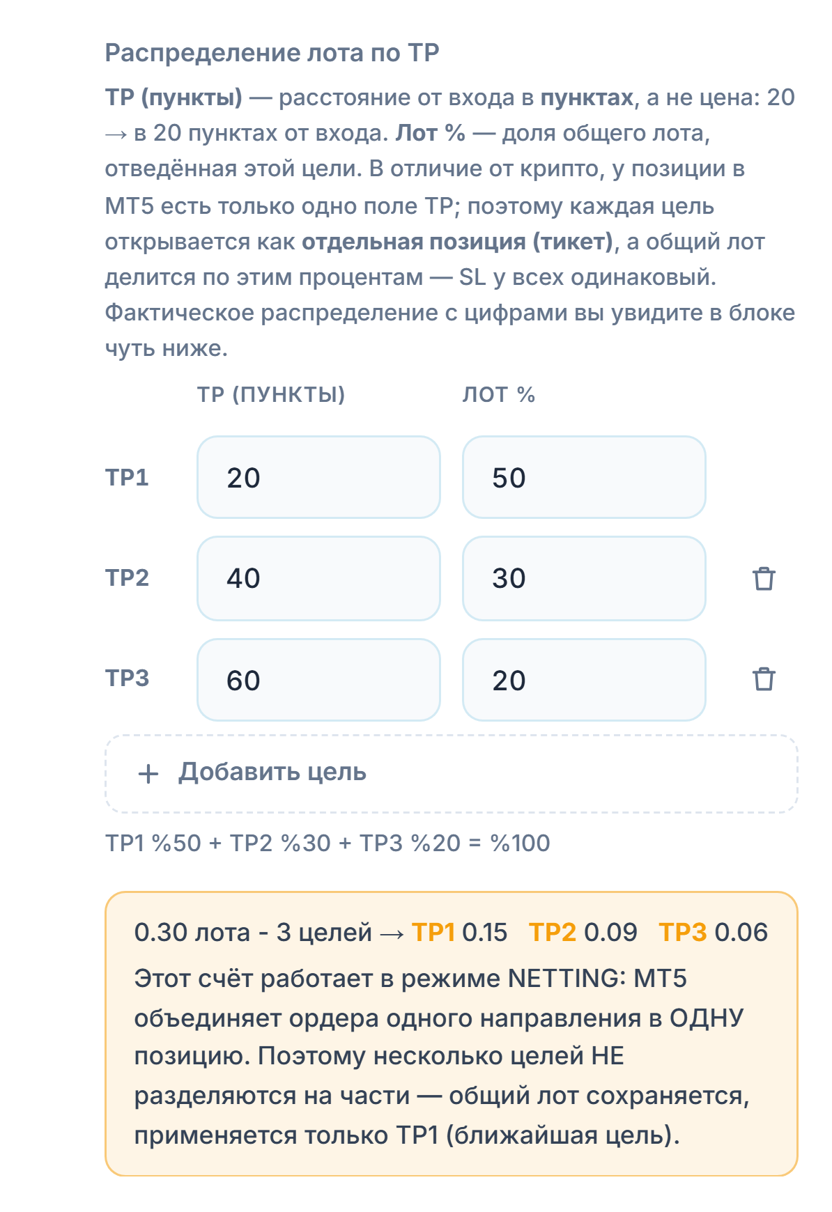 Заметка о счёте NETTING: несколько целей не делятся на части, общий лот сохраняется и применяется только TP1